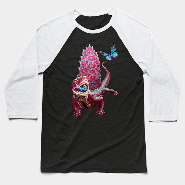 Dimetrodon with Butterfly Baseball T-Shirt by AyotaIllustration